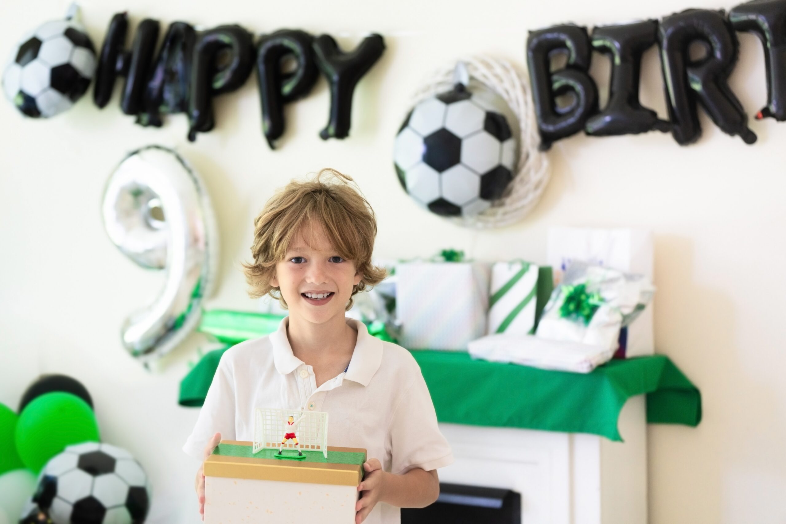 Kids,Birthday.,Football,Theme,Child,Party.,Little,Boy,Holding,Gift